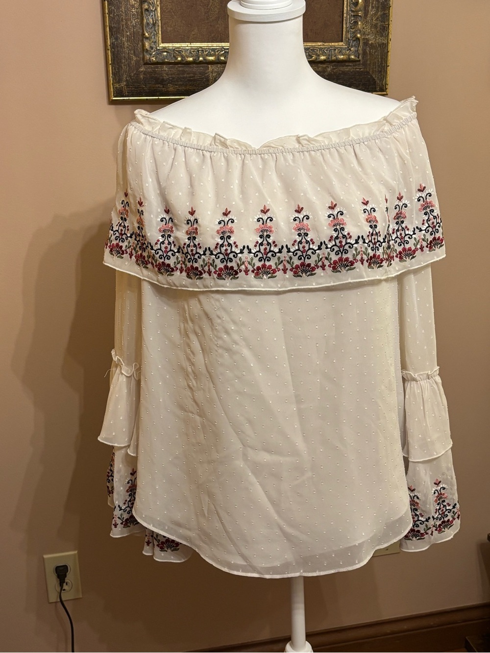 White House Black Market Cream Embroidered Off-Shoulder Blouse